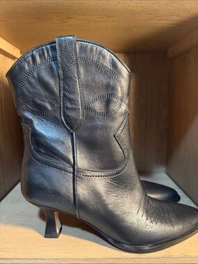 Dolce Vita Black Leather Western Ankle Bootie with Kitten Heel